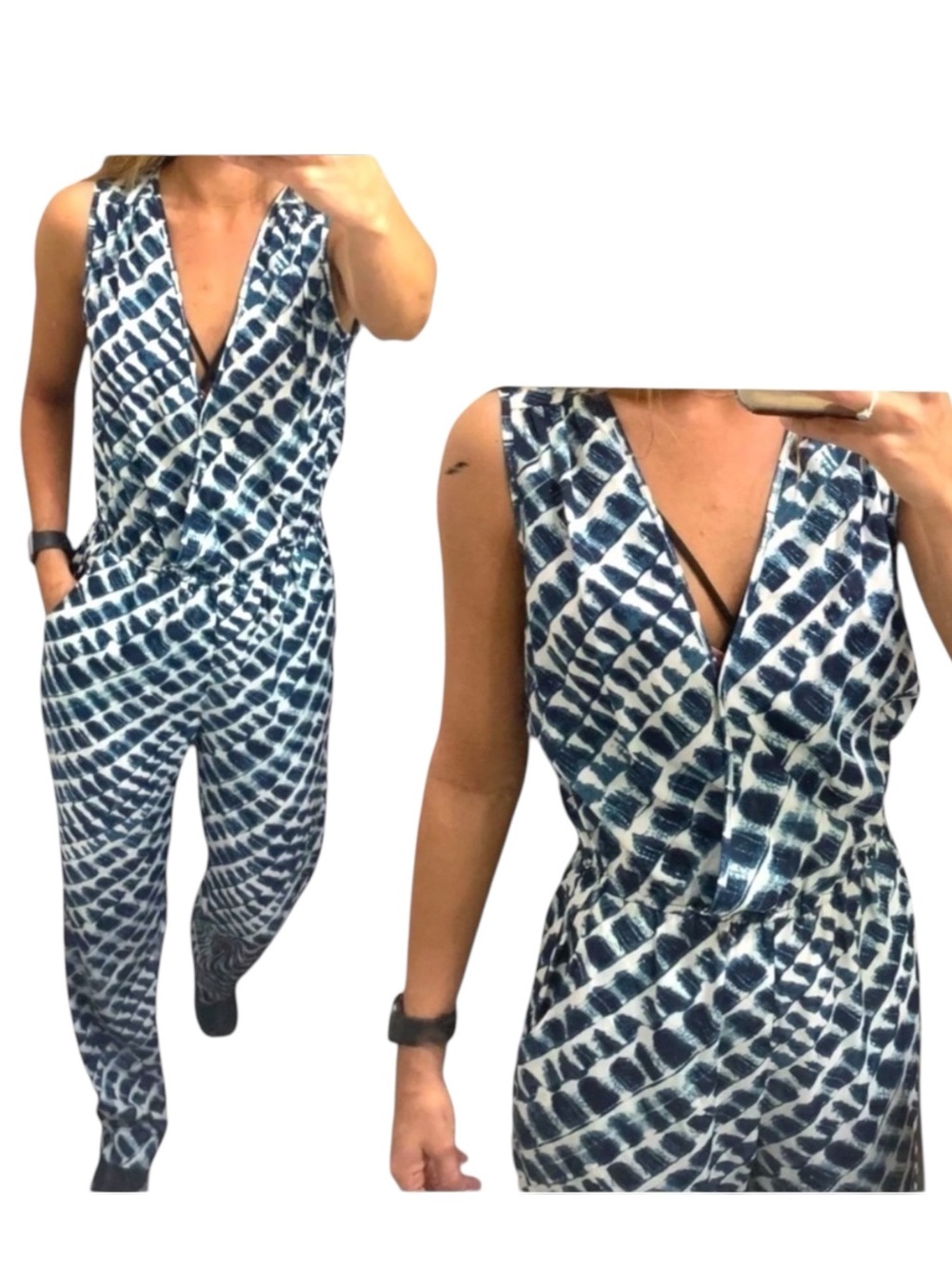 BCBG “PARIS” Wrap Style Onesie Teal Blue Print V-Neck Sleeveless Medi…Ju…